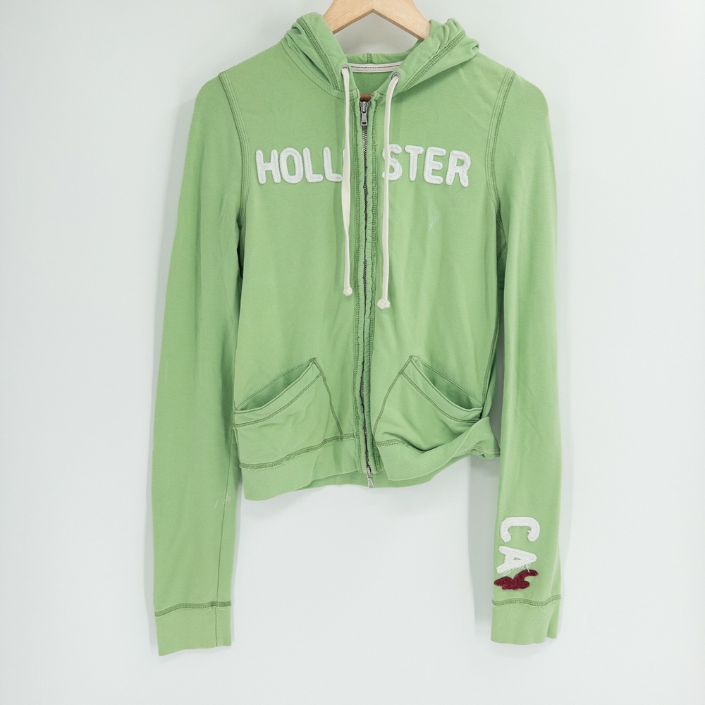 Y2K Hollister Zip Up Hoodie Women Large Green Mall Surf Retro Distressed Stretch